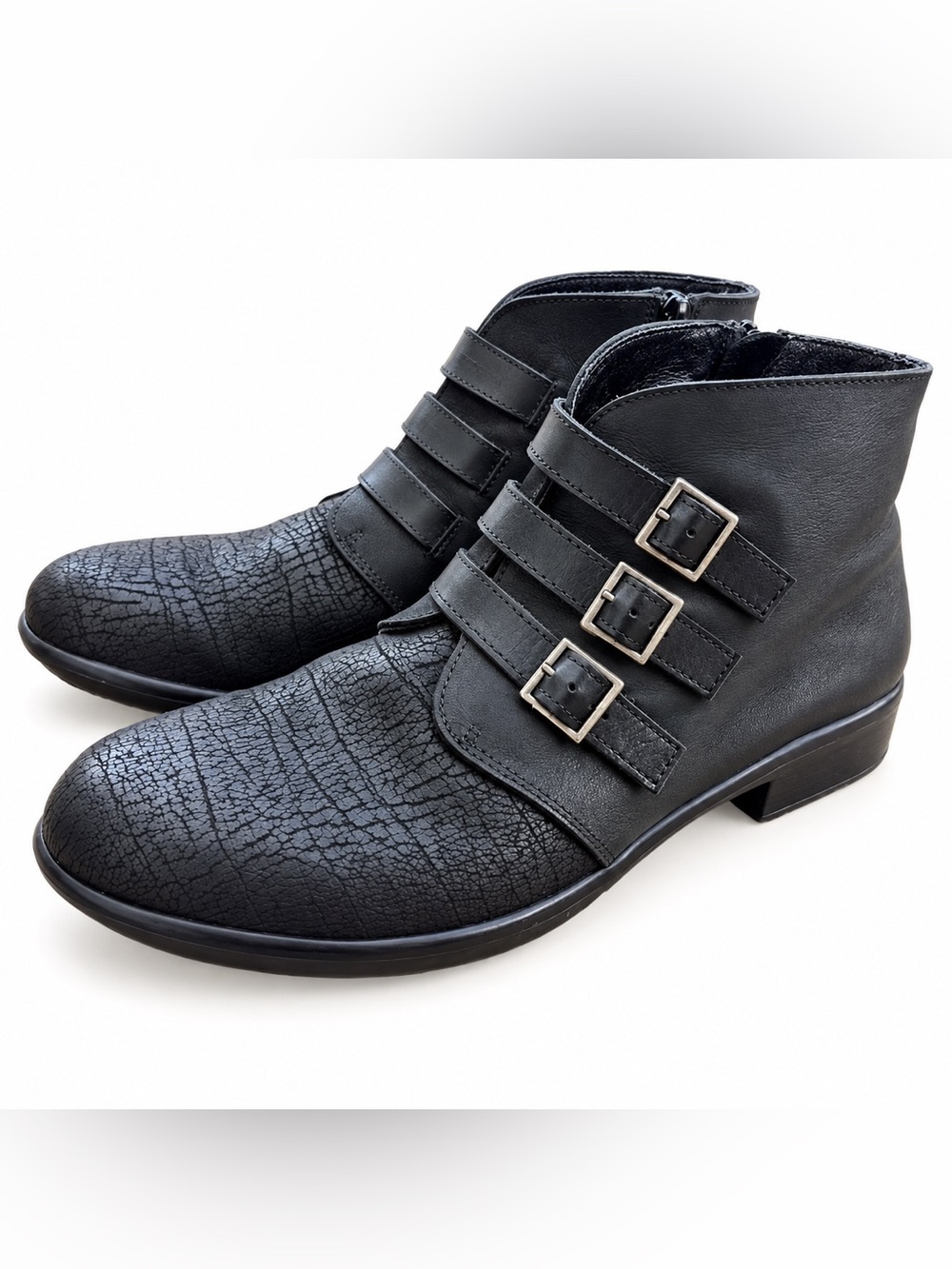 Naot Calima Black Crackled Leather Triple Buckle Ankle Boots EU 38 Moto Edgy